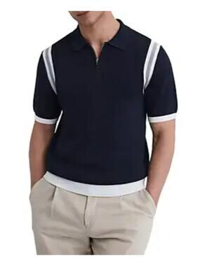 Reiss Shirt Mens Medium Barter Quarter Zip Polo Navy Short Sleeve Knit Preppy